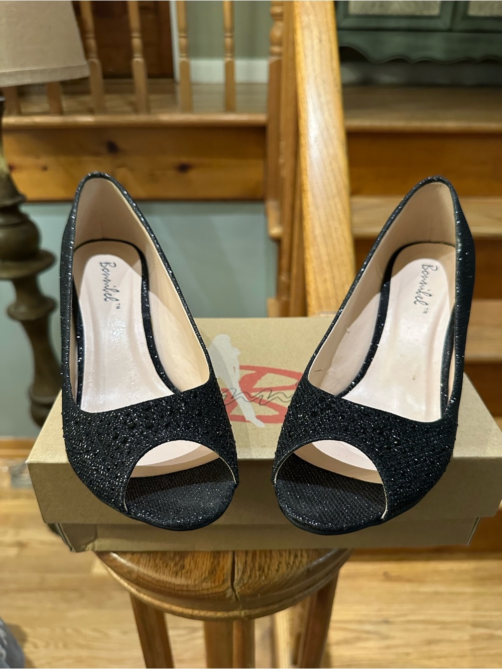 Bonnibel Black Glitter Peep-Toe Heels